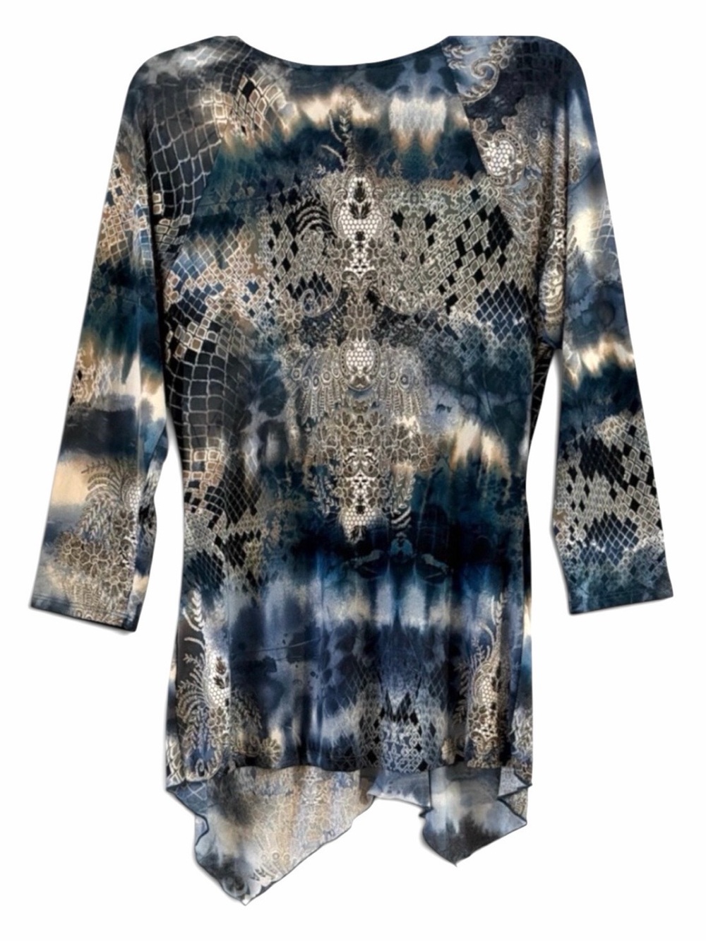 VENUS Embellished Mixed Print Blue and Cream Beaded V-Neck Blouse Size L - Picture 2 of 12